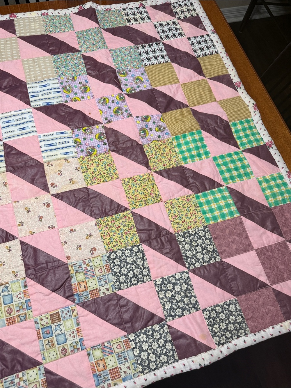 Handmade Pink and Plum Patchwork Quilt - Cozy Home Bedding - 3’ x 5’